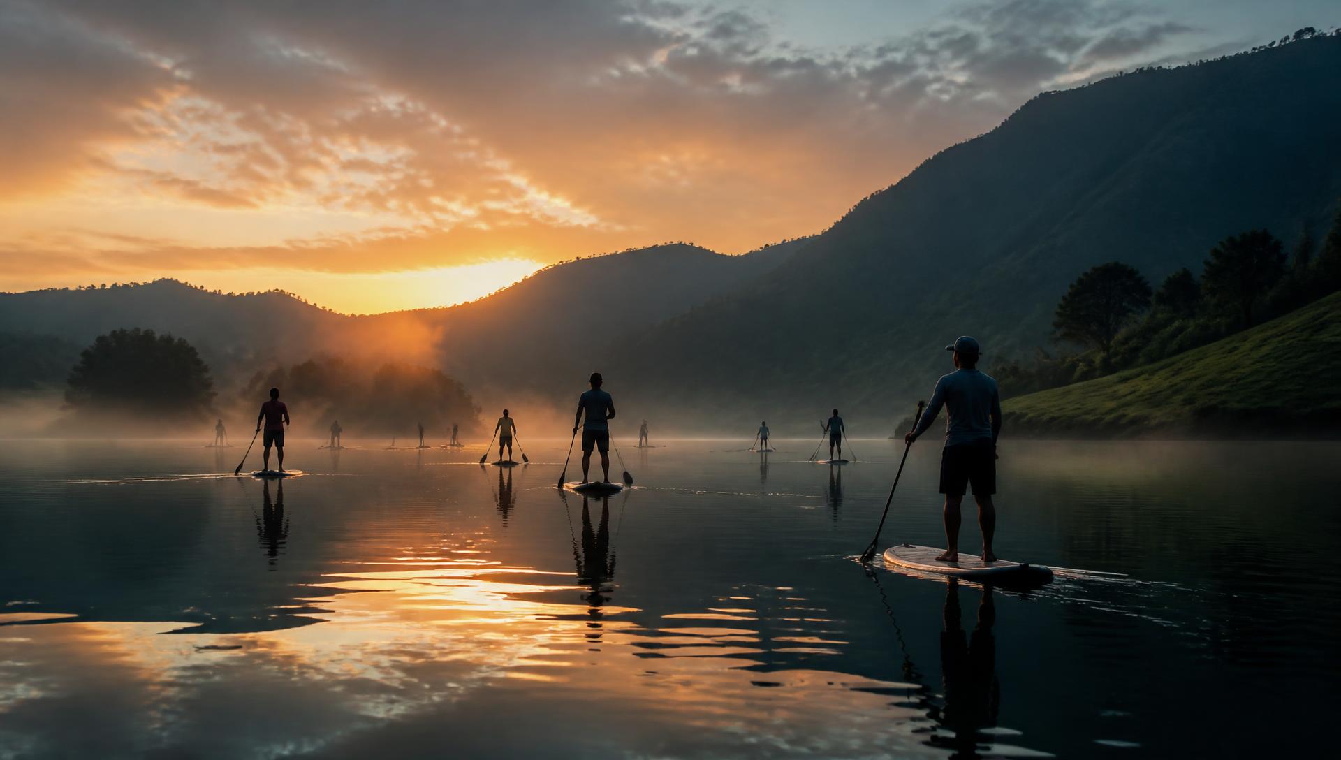 Grupo de participantes sobre tablas de paddle en aguas quietas al amanecer
