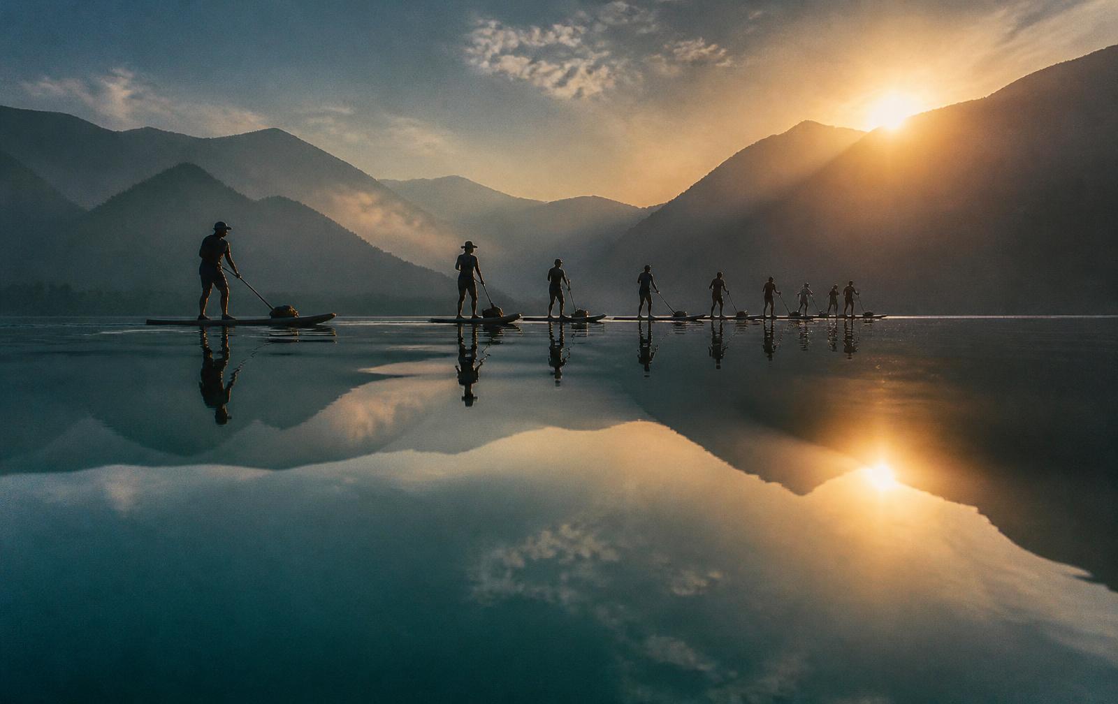 Equipo completo remando en fila sobre agua quieta al amanecer